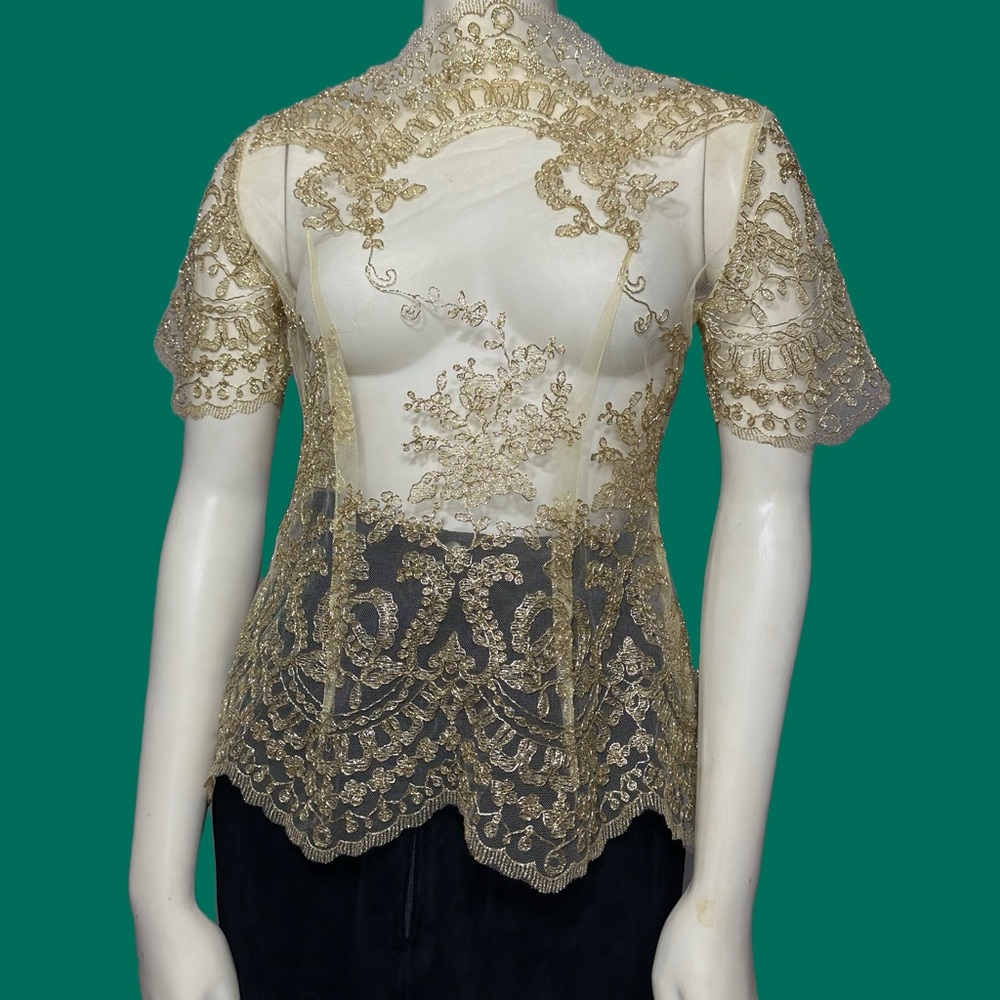 Vintage 80s 90s Handmade Gold Embroidered – Sheer Top